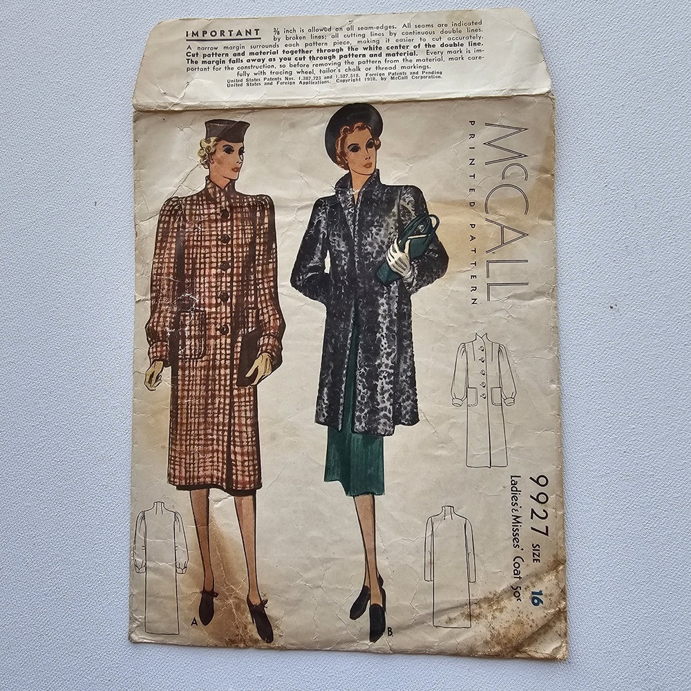 1930s Vintage 34" Bust McCalls 9927 Ladies Mock Neck Coat Sewing Pattern